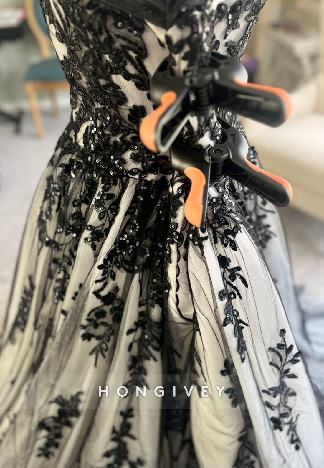 Black and Ivory Cap Sleeves A-Line V Back Wedding Dress with Appliques