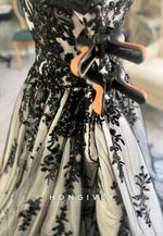 Black and Ivory Cap Sleeves A-Line V Back Wedding Dress with Appliques