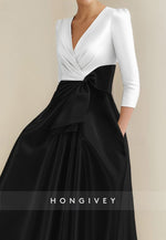 3/4 Sleeve A-Line Cocktail Dresses Formal Wedding Tea Length V Neck Satin with Pocket and Bow