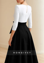 3/4 Sleeve A-Line Cocktail Dresses Formal Wedding Tea Length V Neck Satin with Pocket and Bow