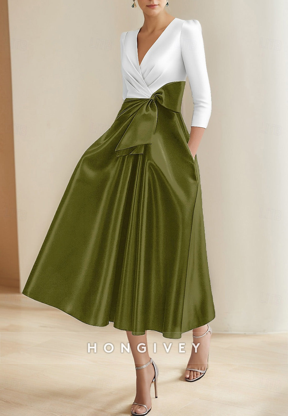 3/4 Sleeve A-Line Cocktail Dresses Formal Wedding Tea Length V Neck Satin with Pocket and Bow