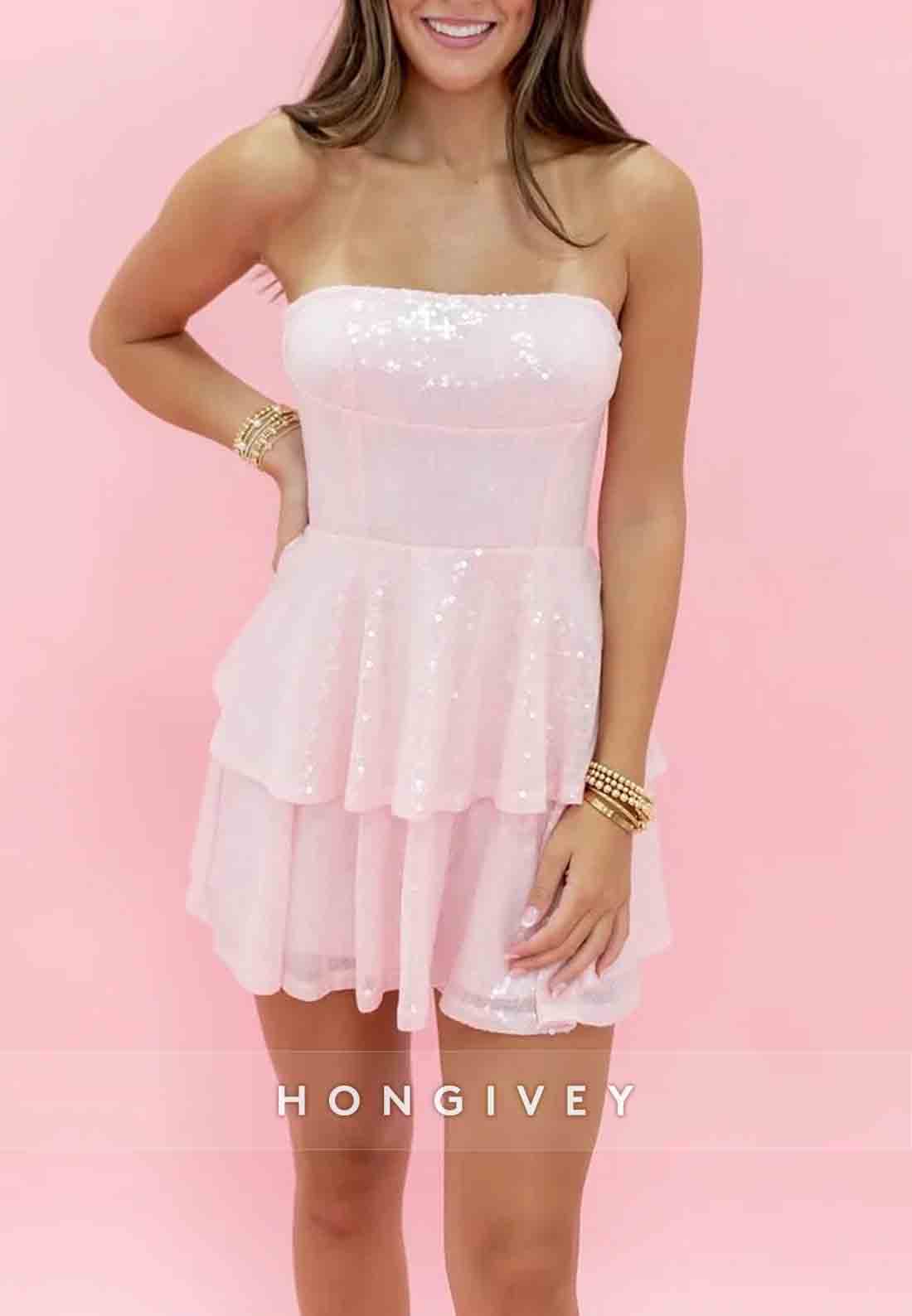 Bling Bodycon Strapless Light Pink Sequins Short Homecoming Dress with Bowknot Back