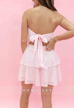 Bling Bodycon Strapless Light Pink Sequins Short Homecoming Dress with Bowknot Back