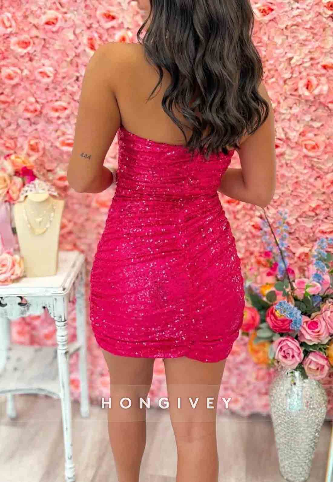 Bling Sheath Sweetheart Fuchsia Sequins Short Homecoming Dress with Keyhole