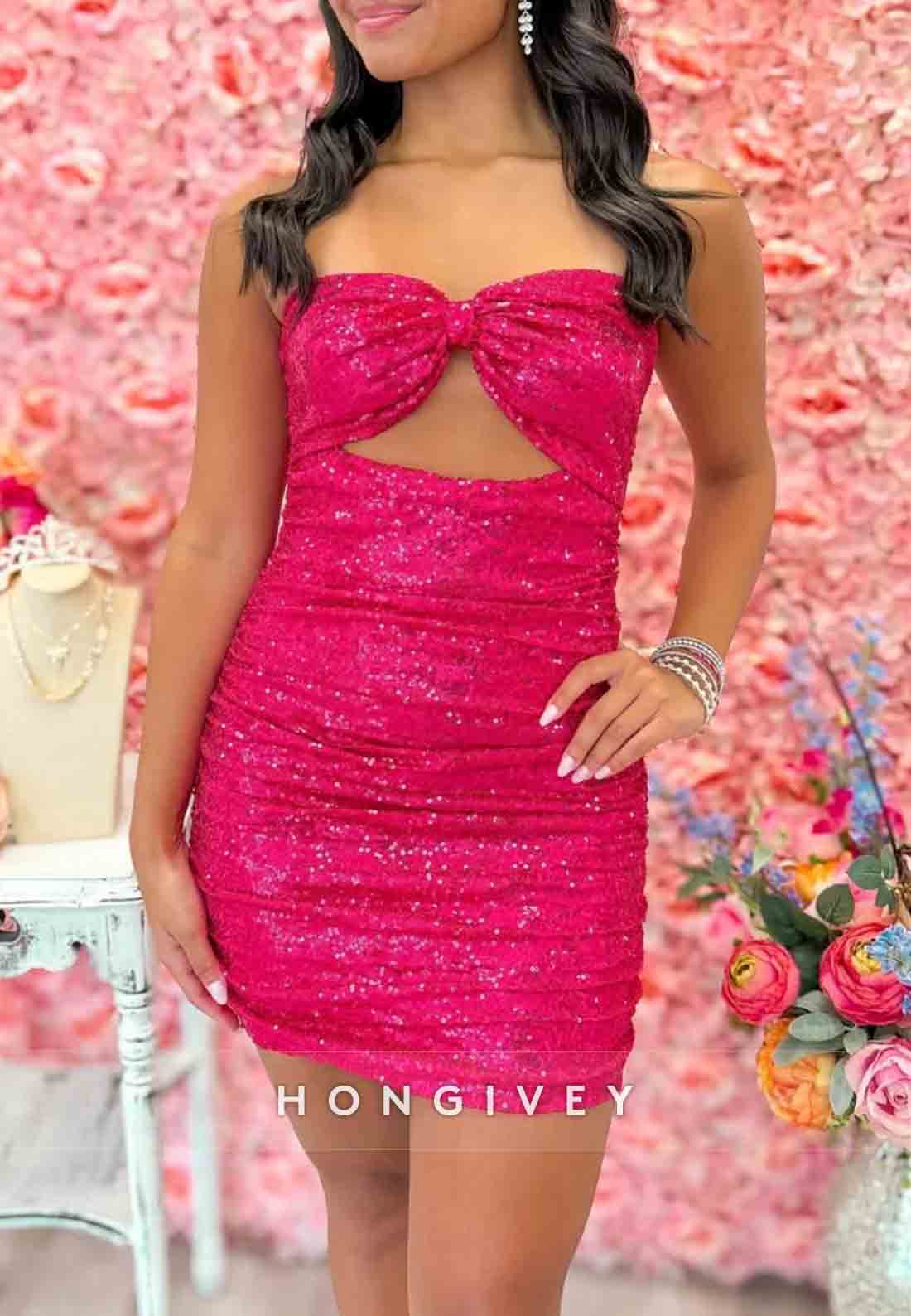 Bling Sheath Sweetheart Fuchsia Sequins Short Homecoming Dress with Keyhole