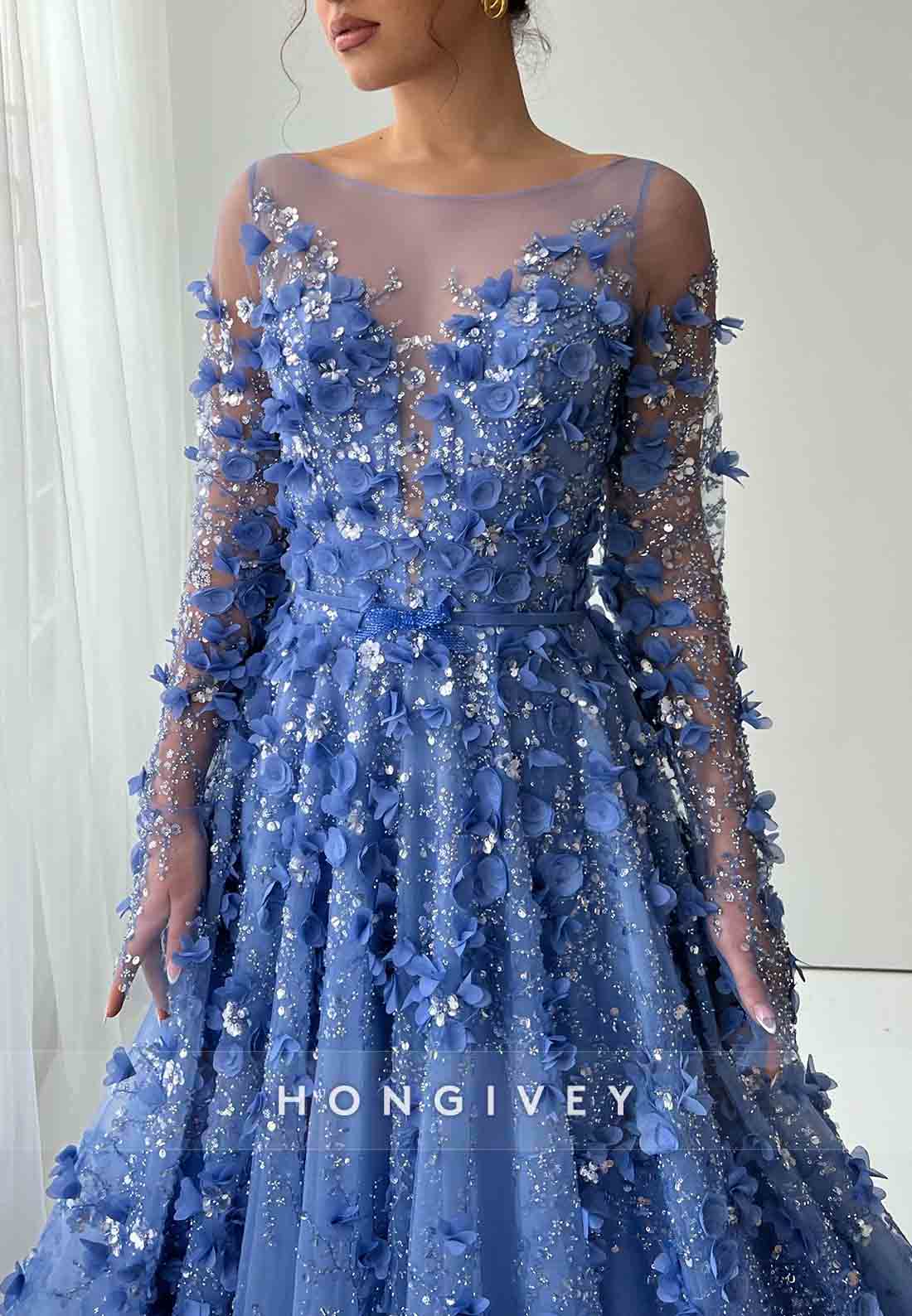 Blue Long Sleeves A-Line dress Illusion Neck Floor-Length with Embroidery