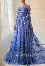 Blue Long Sleeves A-Line dress Illusion Neck Floor-Length with Embroidery