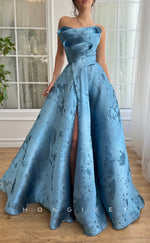 L2747 - Satin A-Line Strapless Appliques With Side Slit Party Prom Evening Dress