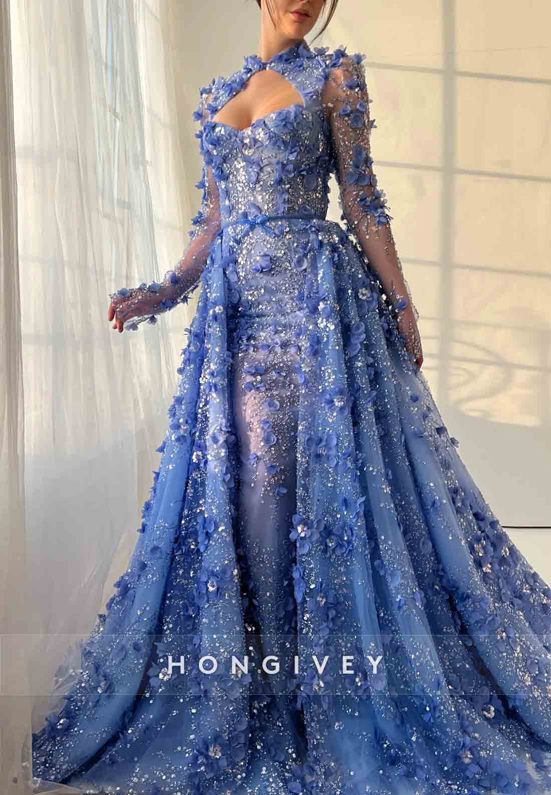 Royal Blue A-Line Long Sleeves Evening Gown with Overskirt and Embroidery