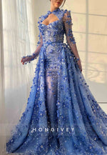 Royal Blue A-Line Long Sleeves Evening Gown with Overskirt and Embroidery