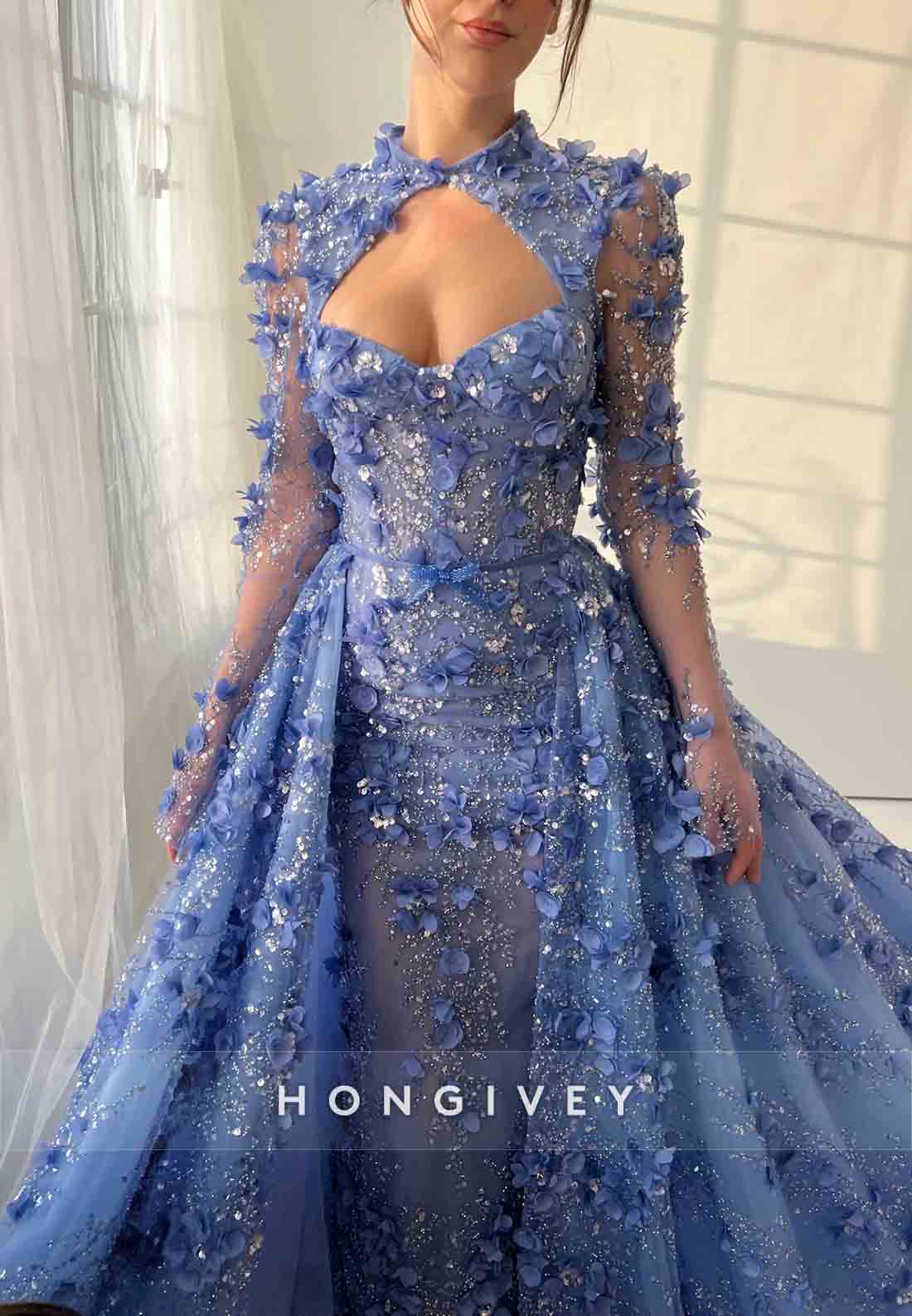 Royal Blue A-Line Long Sleeves Evening Gown with Overskirt and Embroidery