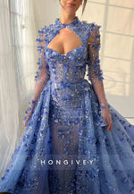 Royal Blue A-Line Long Sleeves Evening Gown with Overskirt and Embroidery