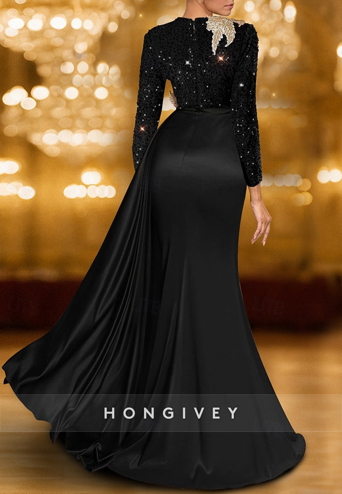 A-Line Evening Gown Long Sleeve Crew Neck Satin Glitter Mother Of the Bride Dress