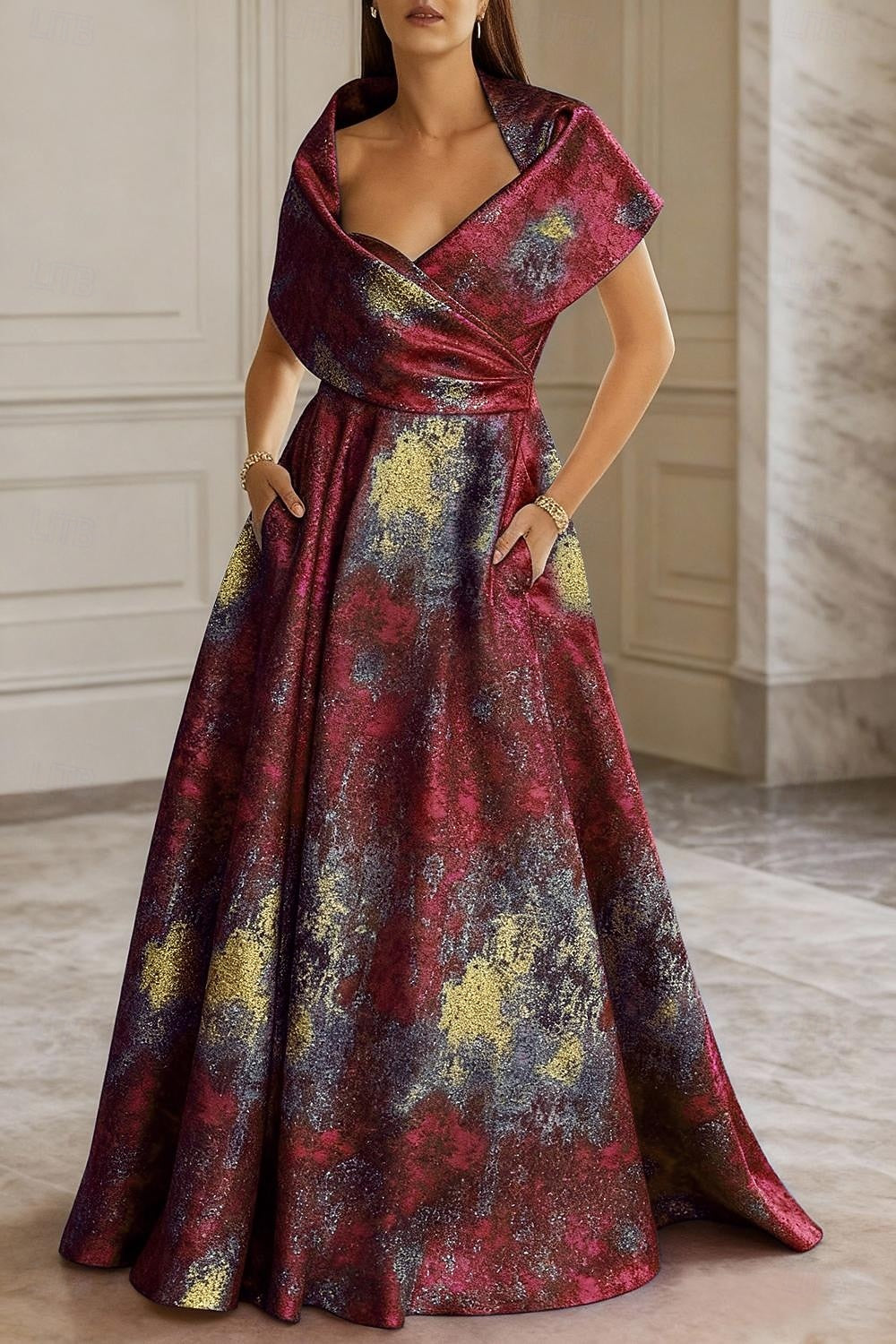 Elegant Blue Jacquard Brocade A-Line Evening Gown with Pocket