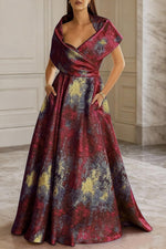 Elegant Blue Jacquard Brocade A-Line Evening Gown with Pocket