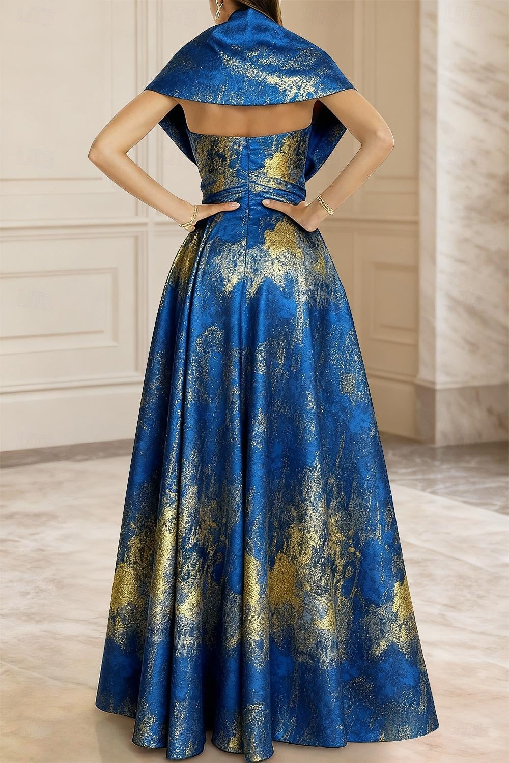 Elegant Blue Jacquard Brocade A-Line Evening Gown with Pocket