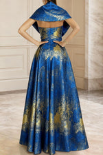 Elegant Blue Jacquard Brocade A-Line Evening Gown with Pocket