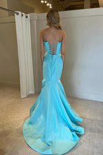 Blue Satin Strapless Mermaid Prom Dresses With Slit, Evening Dress