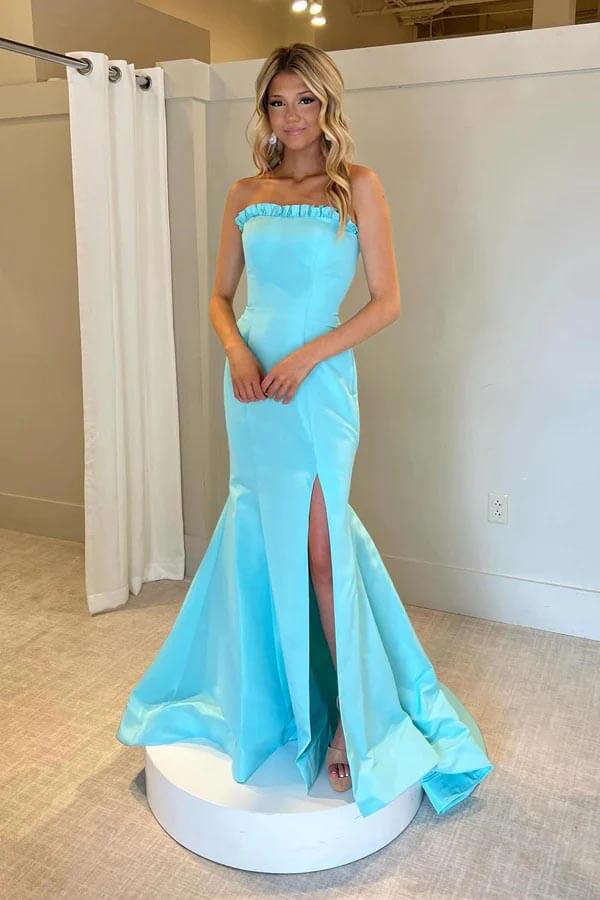 Blue Satin Strapless Mermaid Prom Dresses With Slit, Evening Dress