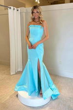 Blue Satin Strapless Mermaid Prom Dresses With Slit, Evening Dress