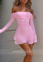 Blush Pink Off the Shoulder A-Line Ruched Long Sleeve Layered Mini Homecoming Dress