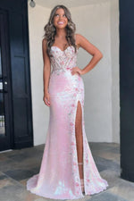 Sparkly Mermaid Spaghetti Straps Blush Pink Sequin Prom Dress with Corset Bodice and Slit