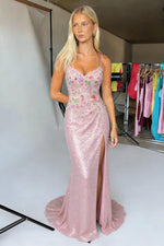 Bling Mermaid Spaghetti Straps Blush Pink Sequin Prom Dress with Embroidery