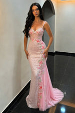 Fashionable Mermaid Spaghetti Straps Blush Pink Prom Dress with Embroidery