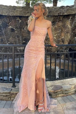 Blush Pink Mermaid Prom Dress with Strapless Lace Bodice and Applique Details