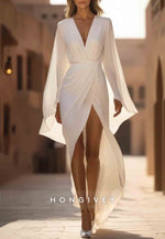 Bohemian Wrap Dress Flutter Sleeves Side Slit White V Neck Maxi Dress