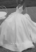 Regular Straps Sleeveless V-Neck Crisscross Back Chapel Train Wedding Dresses