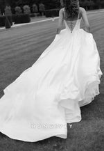 Regular Straps Sleeveless V-Neck Crisscross Back Chapel Train Wedding Dresses