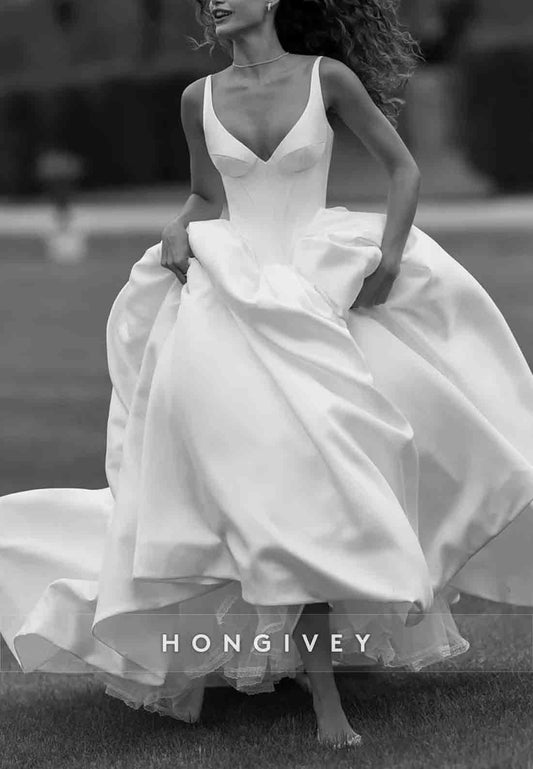 Regular Straps Sleeveless V-Neck Crisscross Back Chapel Train Wedding Dresses