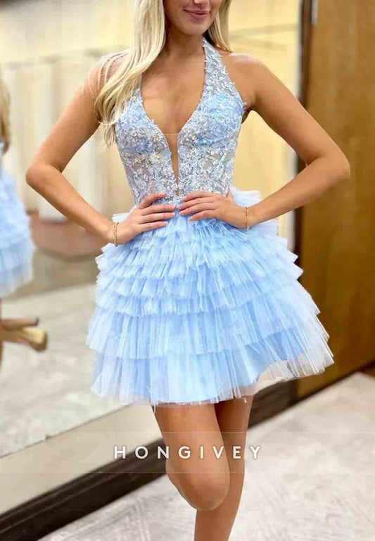 Halter A-Line Low Back Tulle Sleeveless Appliqued Ruched Short Homecoming Dresses