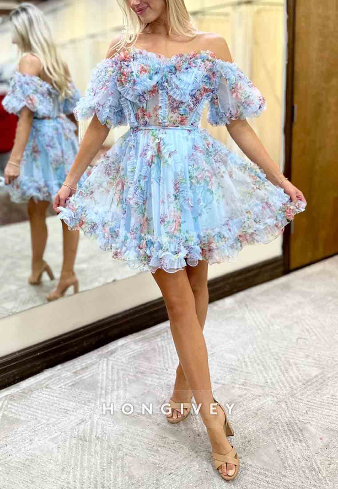 Floral Print Off the Shoulder A-Line Sweetheart Ruched Short Homecoming Dresses