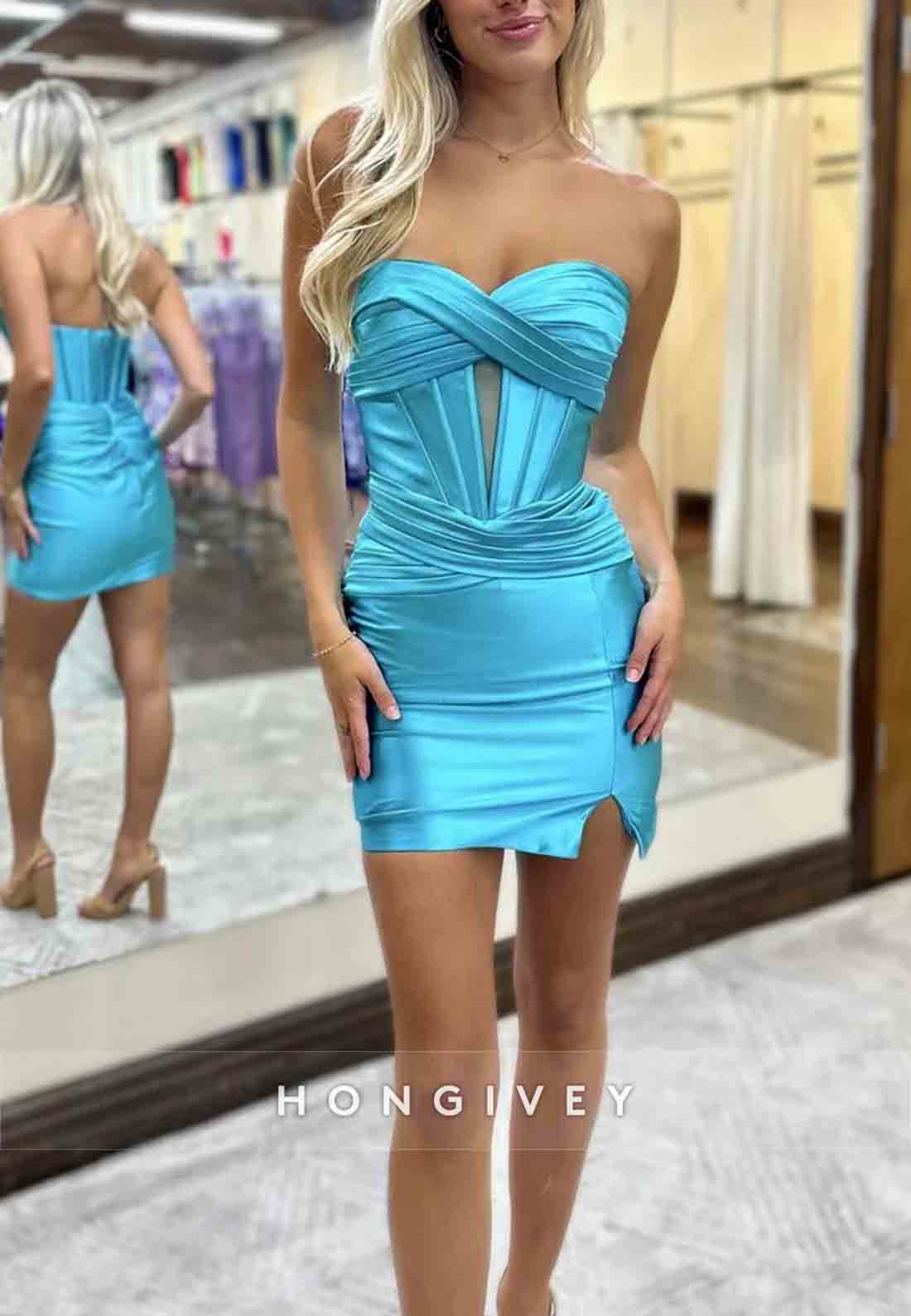 Side Slit Strapless Satin Sheath Sweetheart Pleated Mini Homecoming Dresses