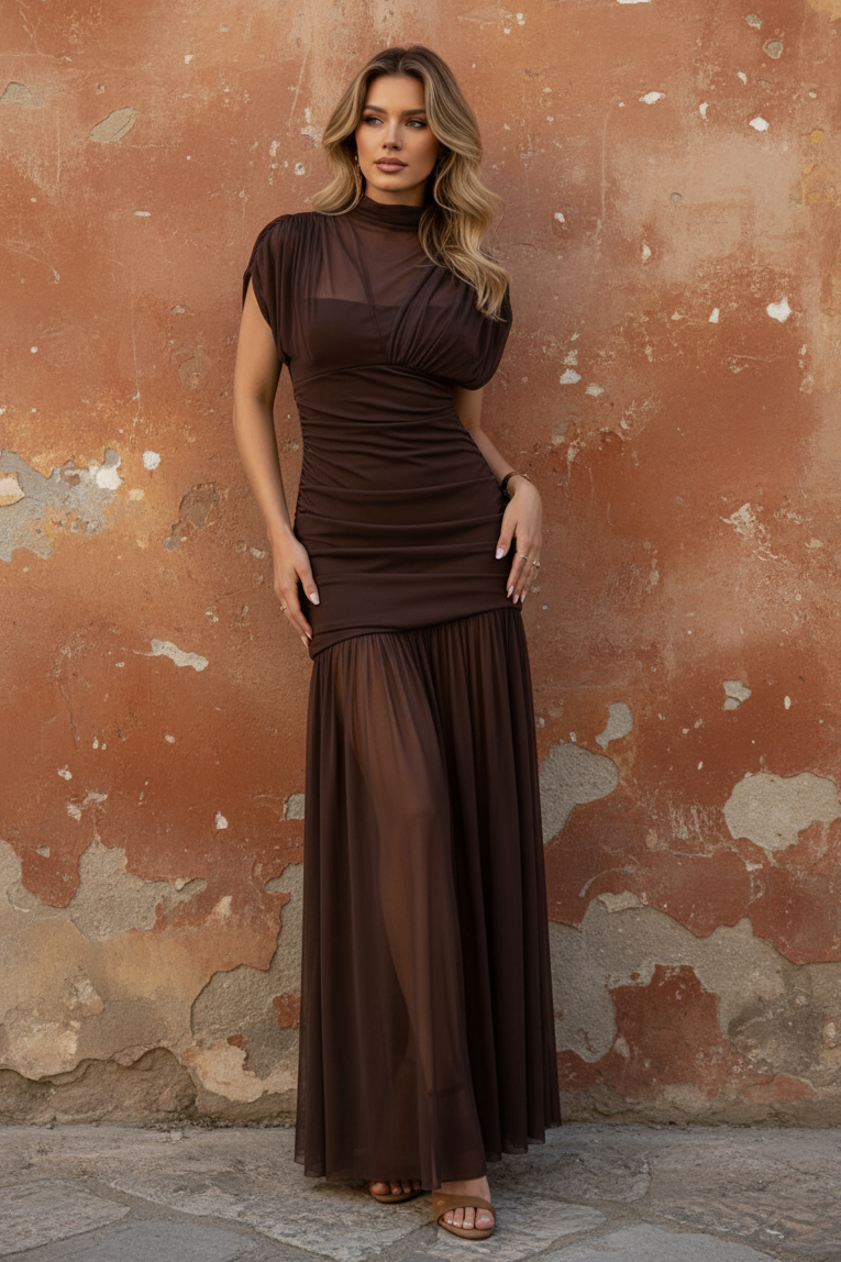Brown Ruched Mesh Knit Mock Neck Sleeveless A-Line Evening Dress