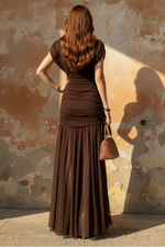 Brown Ruched Mesh Knit Mock Neck Sleeveless A-Line Evening Dress