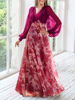 V-Neck Long Sleeves Floor Length Floral Mother of the Bride Dresses With Flower