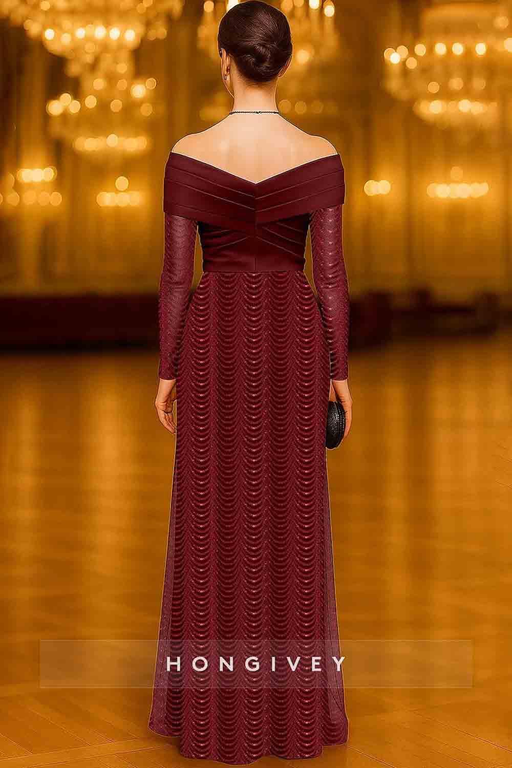 Red Off the Shoulder Long Sleeve A-Line Evening Dress