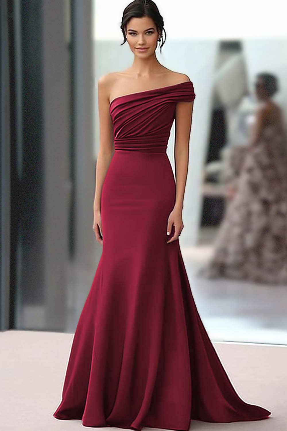 Coffee One Shoulder Crepe Mermaid Long Ruched Gala Dress