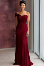 Light Khaki Sheath Jersey One Shoulder Pleated Long Gala Dress