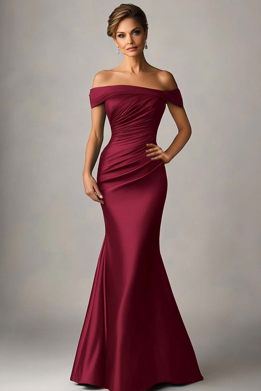 Peacock Blue Satin Mermaid Off The Shoulder Ruched Long Formal Dress