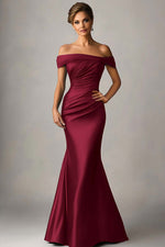 Peacock Blue Satin Mermaid Off The Shoulder Ruched Long Formal Dress
