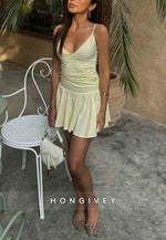 Butter Yellow Ruched Plunging Spaghetti Strap A-Line Mini Homecoming Dress