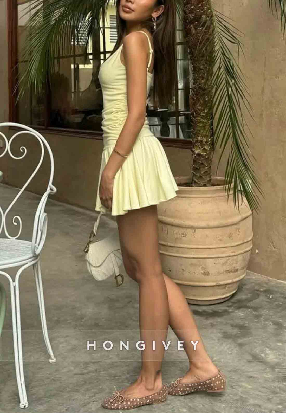 Butter Yellow Ruched Plunging Spaghetti Strap A-Line Mini Homecoming Dress