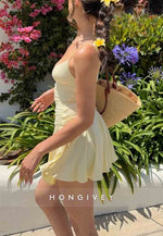 Butter Yellow Ruched Plunging Spaghetti Strap A-Line Mini Homecoming Dress