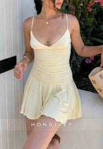 Butter Yellow Ruched Plunging Spaghetti Strap A-Line Mini Homecoming Dress