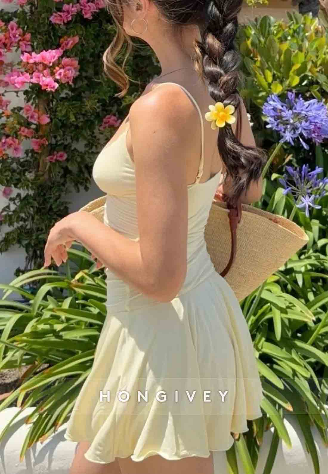 Butter Yellow Ruched Plunging Spaghetti Strap A-Line Mini Homecoming Dress