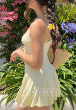 Butter Yellow Ruched Plunging Spaghetti Strap A-Line Mini Homecoming Dress